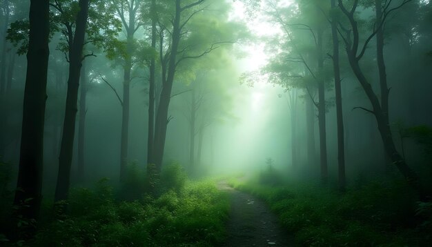 Mysterious Foggy Forest Path con la luz del sol brillando a través de los árboles