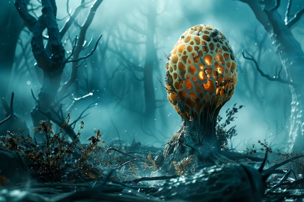 Mysterious Glowing Alien Egg in a Misty Enchanted Forest Fantasy Concept Artwork with Eerie (Huevo alienígena misterioso y brillante en un bosque encantado y brumoso)