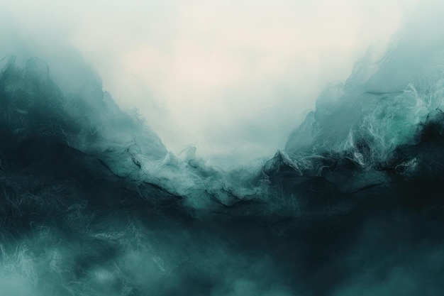 Mysterious Misty Mountain Abstract Art Abstrakte Kunst, die die ruhige und mysteriöse Essenz der mit Nebel bedeckten Berge in kühlen Tönen festhält