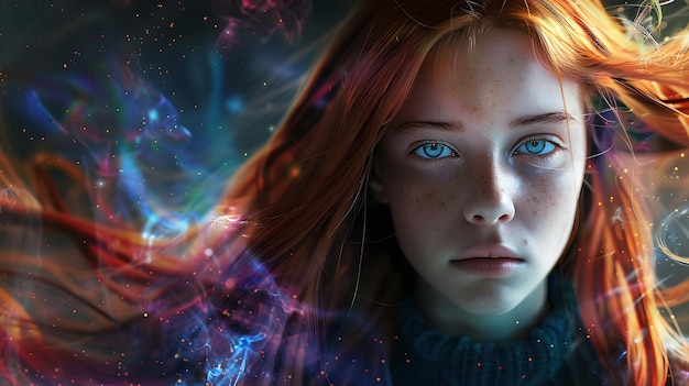 Mysterious redhead girl amidst cosmic nebulae digital art fantasy portrait with a galactic twist ideal para capas de livros e cartazes ai