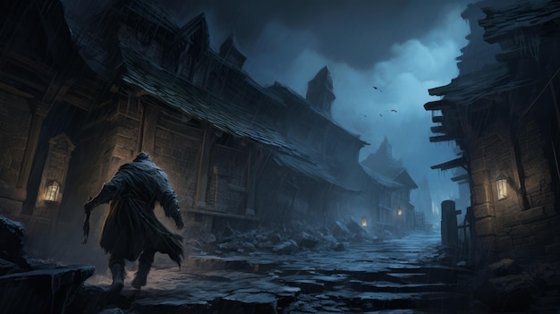 Mysterious Runemaster Ilustração de fantasia escura de uma cidade antiga