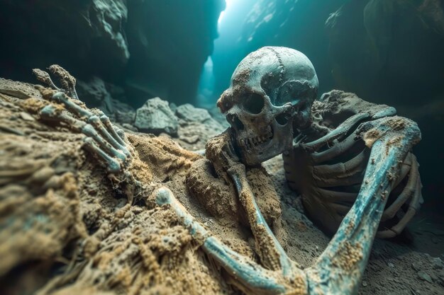 Mysterious Underwater Skeleton Remains in Aquatic Cave with Sunlight Ray (Restos de un esqueleto submarino misterioso en una cueva acuática con rayos solares)