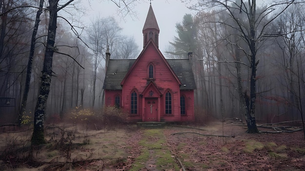 Foto mystic red chapel in a foggy woodland konzept mystic setting red chapel foggy forestland enchanting atmosphere (mystische rote kapelle in einem nebligen wald)