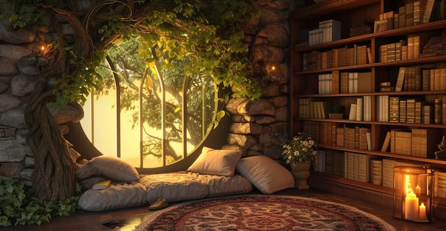 Mystical Book Nook una biblioteca tradicional con altas estanterías de libros AI Generative