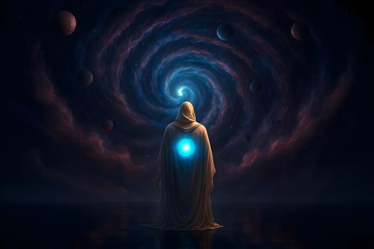 Foto mystical figure in white robe facing cosmic vortex ethereal glow celestial planets and reflective su