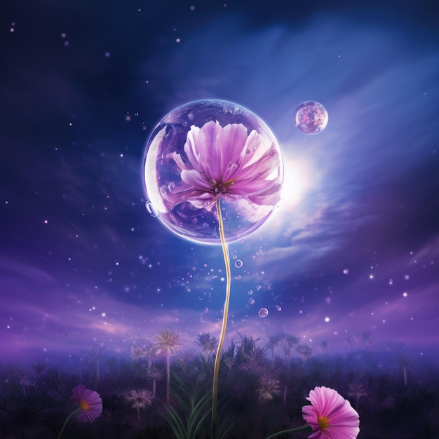 Mystical Journey Vintage Hyperrealistische springende Blume in lebendigem Lila auf dem riesigen Weltraum