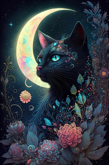 Mystical Moon Cat Flowers Generado AI