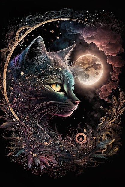 Mystical Moon Cat Flowers Generado AI