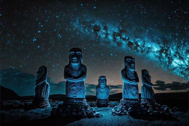 Mystisch leuchtende blaue Moai-Statuen, die nachts im Kreis stehen und mit generativer KI erstellt wurden