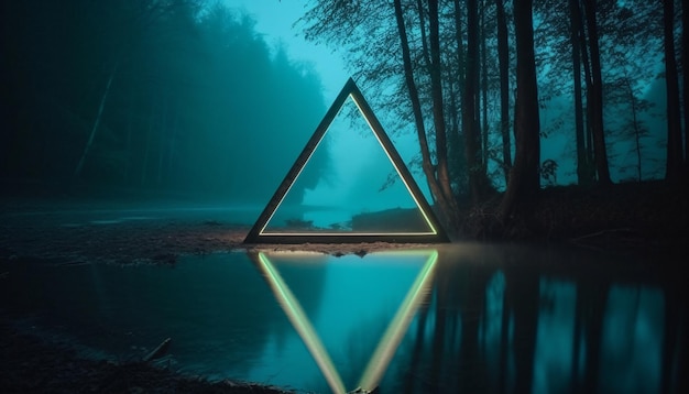Mystisch leuchtendes gruseliges Neondreieck oder Portal über Wasser oder See im Wald, generiert von der KI
