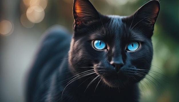 Mystische blauäugige schwarze Katze im natürlichen Licht