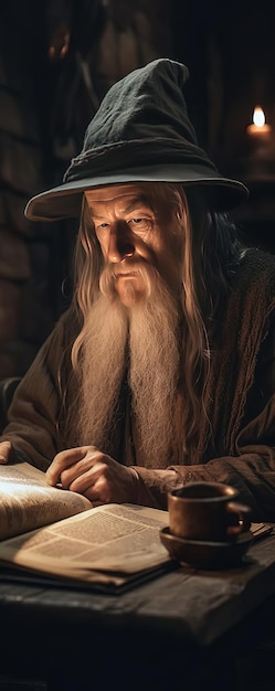 Mystische Geschichten Gandalf in einer mittelalterlichen Taverne mit einem alten Buch