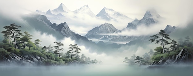 Mystische Landschaft mit mit Wald und Nebel bedeckten Bergen, KI-generierte Illustration