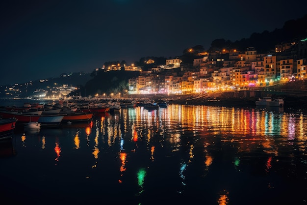 Mystische Nacht in Porto Venero, bunte Häuser, Boote und Laternen am Ufer, generatives IA