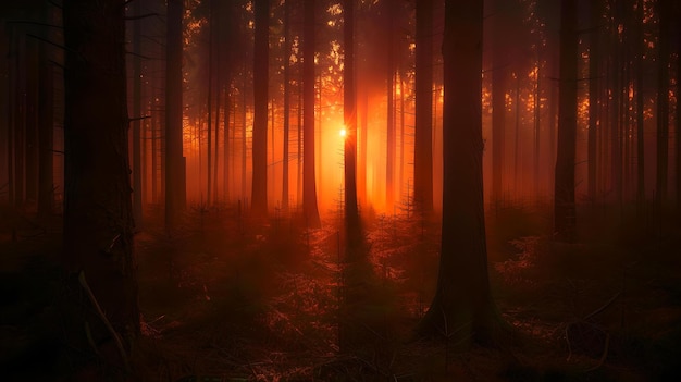 Mystische Sonnenaufgang-Waldszene traumhafte Waldlandschaft ätherische Natur Schönheit KI