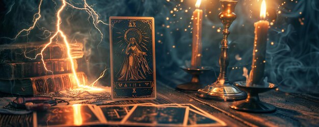 Mystische Tarotkarte mit elektrischen Funken und Kerzen