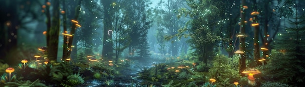 Mystische Waldszene mit glühenden Pilzen ruhiges Ambiente üppiges Grün und eine neblige Atmosphäre Perfekt für Fantasy- und Naturprojekte