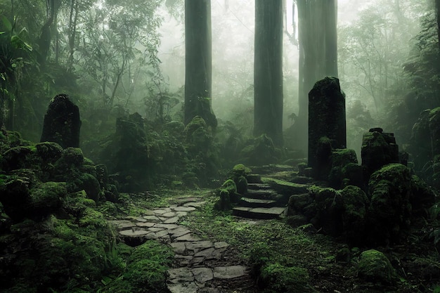 Mystischer Backsteinweg mit grünem Moos zum Portal in verzauberter nebliger Waldmärchenszene verlassenes med