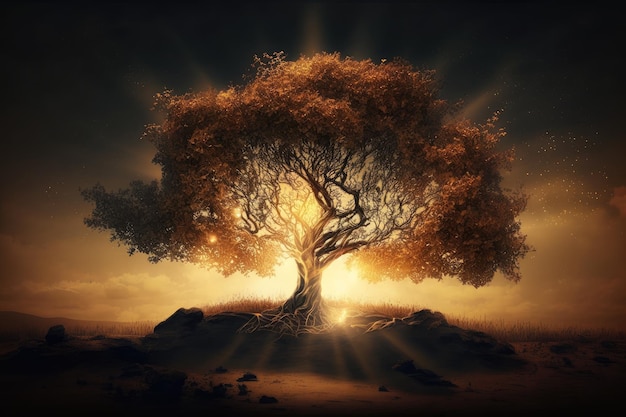 Mystischer Baum mit Sonnenuntergang dahinter, der warmes goldenes Licht ausstrahlt, das mit generativer KI erstellt wurde