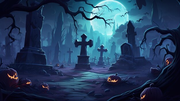 mystischer Friedhof Halloween Hintergrund Zeichentrickfilm Illustration ai generative