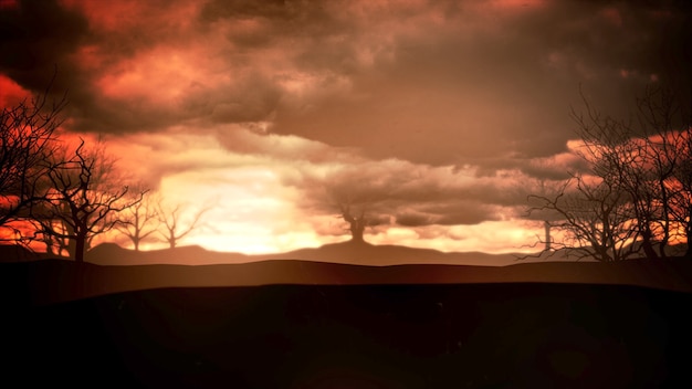 Mystischer Halloween-Hintergrund mit dunklen Wolken und Bergen. Urlaub abstrakte Kulisse. Luxuriöse und elegante 3D-Darstellung des Halloween-Themas