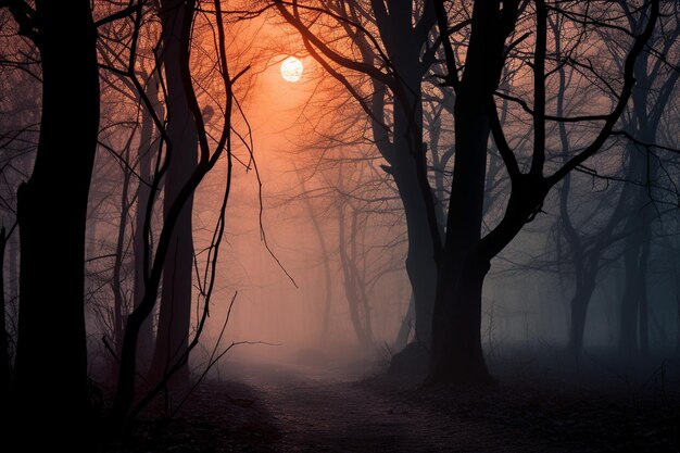 Mystischer, mondbeschienener, lichtender Nebelwald, getaucht in ätherische Farbtöne