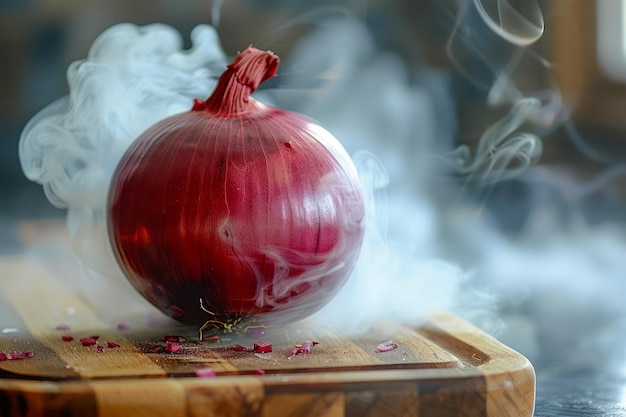 Mystischer Rauch, der von frischer roter Zwiebel auf einem Holzschnittbrett in einer rustikalen Küche aufsteigt