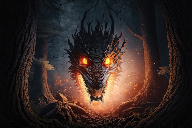 Mystischer Twilight-Wald mit flammenden Augen eines riesigen Walddrachen, der mit generativer KI erstellt wurde