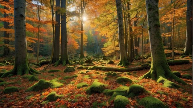 Mystischer Wald im lebendigen Herbst mit moosigen Felsen