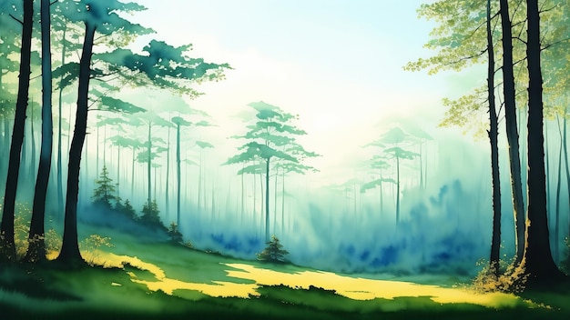 Mystischer Wald im Nebel zwischen alten Bäumen Erzeugt eine Atmosphäre von Geheimnis und Magie Aquarell-Illustration KI generiert