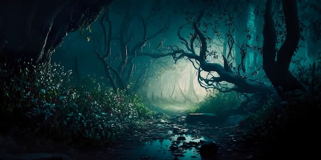 Mystischer Wald mit Nebel, in dem Feen und Elfen lebenGenerative KI