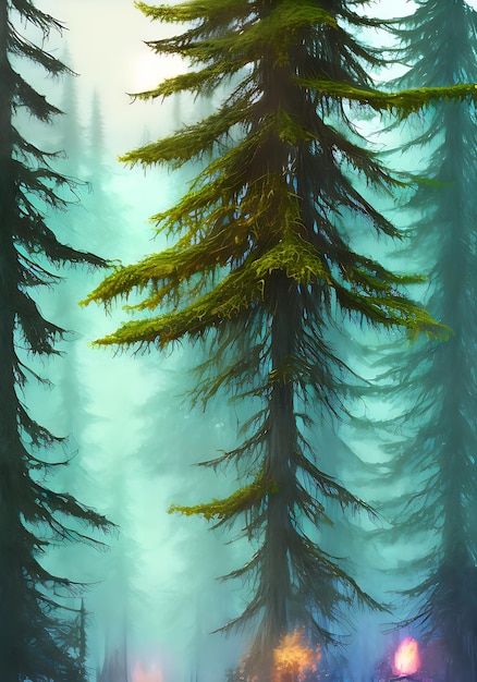 Mystischer Wald mit Neon-Aquarellen