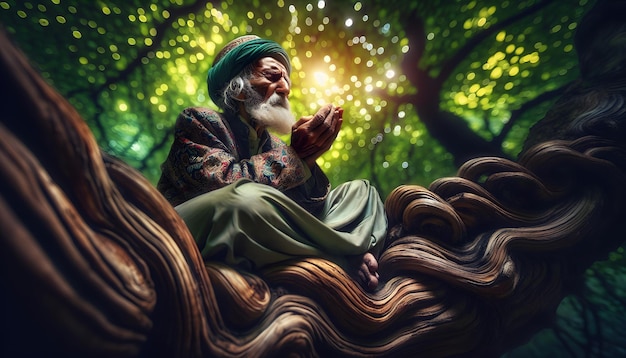 Mystischer Weiser Sufi-Myster meditiert auf einem Baum mit futuristischen Elementen