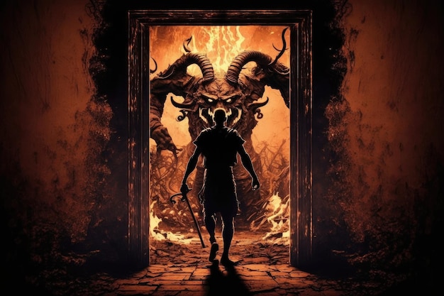 Mystisches Bild des Dämons in der Hölle, der das Tor zur Hölle geöffnet hat