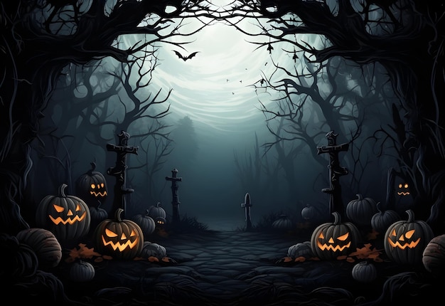Mystisches dunkles Halloween-Waldmodell mit Kürbis-Jackolantern-Dekorationen und gruseligem Hintergrund. Generierte KI