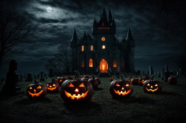 Foto mystisches dunkles schloss und wald halloween-hintergrund