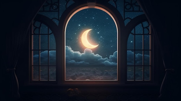 Mystisches Fenster mit Mond am Nachthimmel Generative Ai