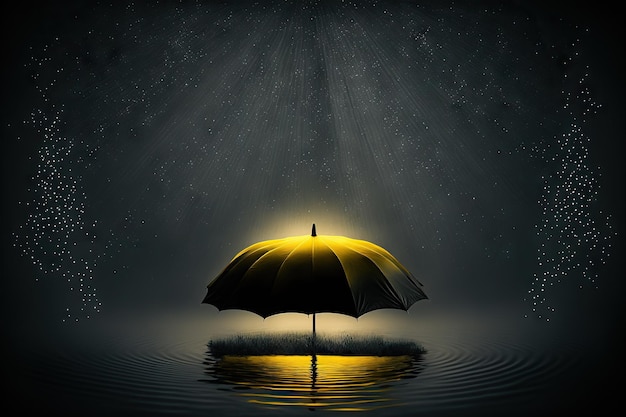 Mystisches gelbes Licht unter einem schwebenden schwarzen Regenschirm in völliger Dunkelheit, erzeugt mit generativer KI