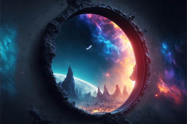 Mystisches Portal im Weltraum, mit Nebel und unendlichem Weltraum im Hintergrund, schöne Neonfarbe