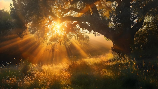 Foto mystisches sonnenlicht durch den olivenbaum in der traumlandschaft