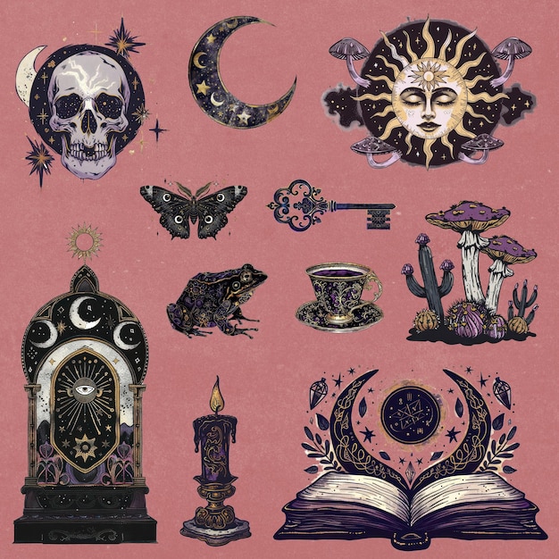 Mystisches Vintage himmlisches okkultes gotisches Illustrationsdesignelement PSD-Set