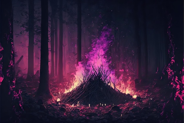 Mystisches violettes und rosafarbenes Lagerfeuer im dunklen Wald, erstellt mit generativer KI