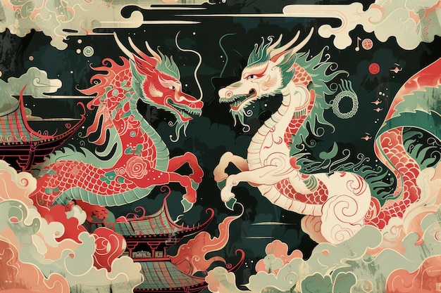 Mythische Drachen-Illustration inmitten mystischer Wolken