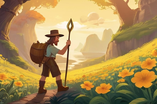 Mythische Quest Charakter auf der Suche nach goldenen Pappy Blumen Illustration