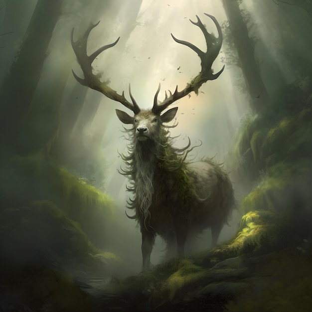 mythischer Hirsch mit riesigem Horn in einem dampfenden, moosigen Wald
