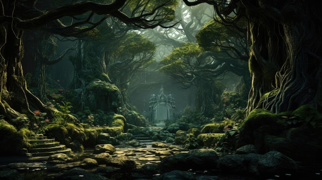N antiga floresta mística com altas árvores torcidas no fundo Criado com tecnologia de IA generativa