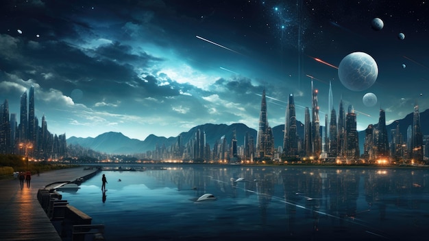 N cena noturna iluminada de uma cidade movida a energia limpa Criada com tecnologia Generative AI