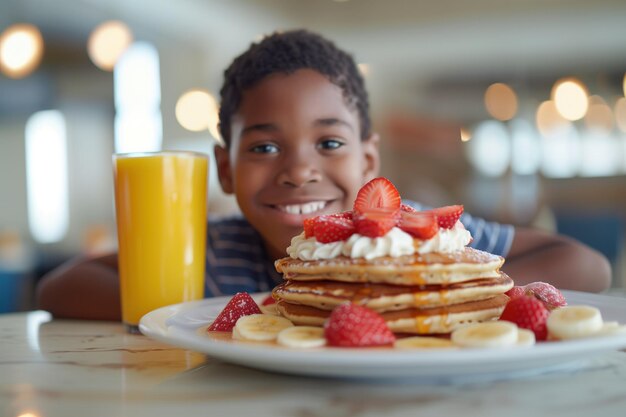N menino afro-americano com um sorriso alegre tendo panquecas e um copo de suco de laranja de alta qualidade