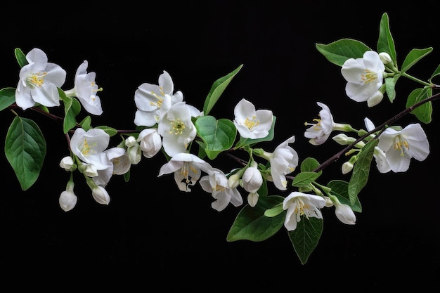 n rama de jazmín con flores blancas en flor aisladas sobre un fondo negro