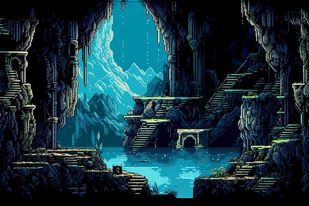 N Unterwasserhöhle 16-Bit-Abenteuerspiel digitale Kunstillustration